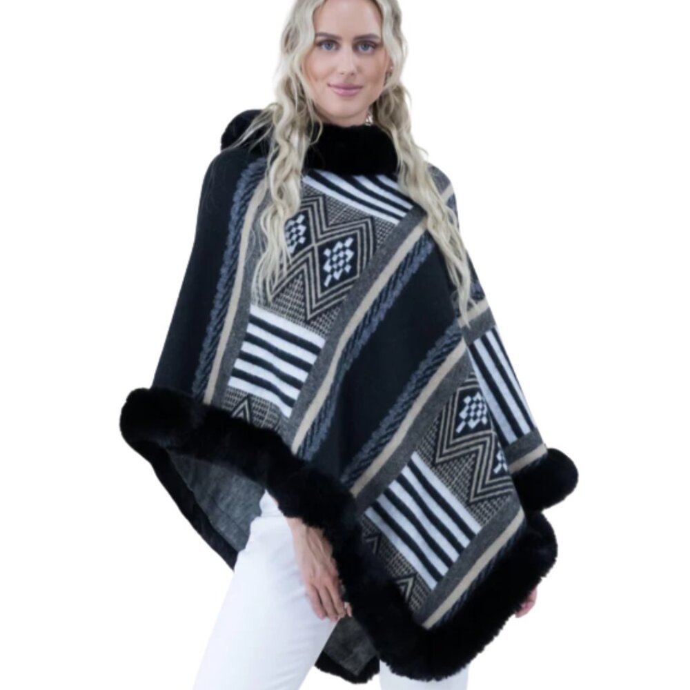 VERY MODA Geo Print Faux Fur Trimmed Western Poncho Black White Ivory OS NWT